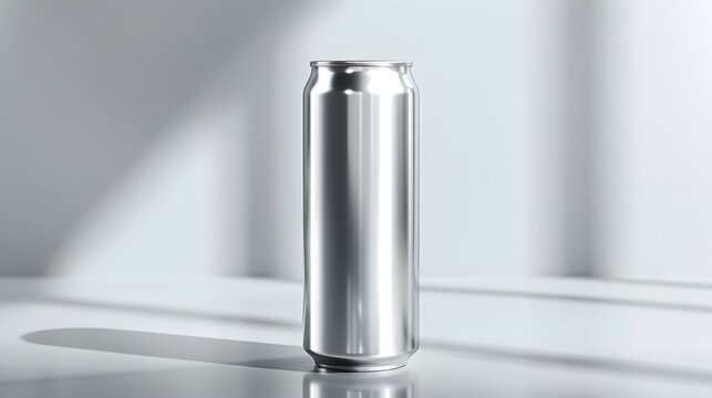 Silver soda can on white surface with shadow