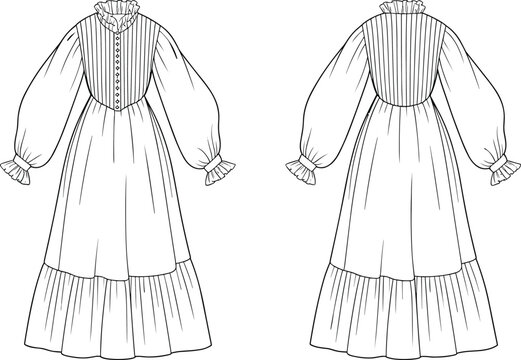 Flat vector long sleeve ruffled dress front back, fashion design technical drawing
