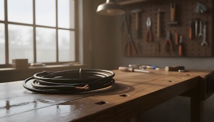 Fototapeta premium Coiled electrical cable on wooden workbench in workshop with tools representing repair work and electrical maintenance concept