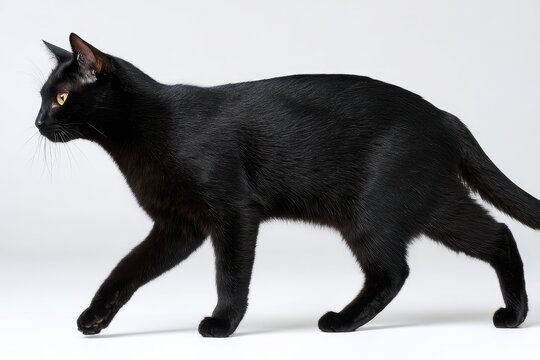 Isolated black cat in side profile, graceful walking motion on white
