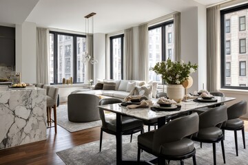 Fototapeta premium Luxurious black steel and marble interior with gray seating and contemporary open layout