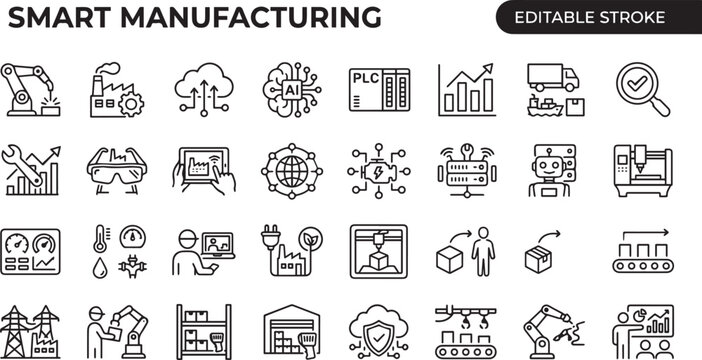  Smart Manufacturing Industry 4.0 Factory Outline Icons Monochrome Vector