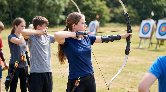 Teen girl aiming bow while practicing archery outdoors with peers  