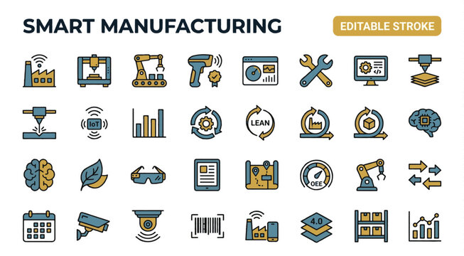  Smart Manufacturing Industry 4.0 Factory Line Icons Color Vector