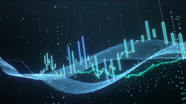 A futuristic graph with wavy lines and bars rises on a dark background