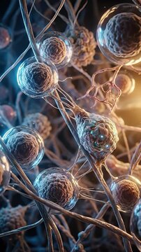 Stem cell differentiation process showing neuronal development and intricate biological connection within a microscopic organic network, illustrating medical research and regenerative science.