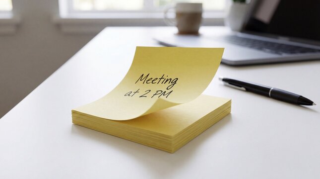 A stack of yellow sticky notes with a smiley face drawn on the top sheet sitting on a workspace