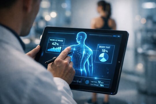 Medical professional analyzing body composition data on a tablet, displaying muscle mass and body fat percentage, with a blurred fitness environment in the background
