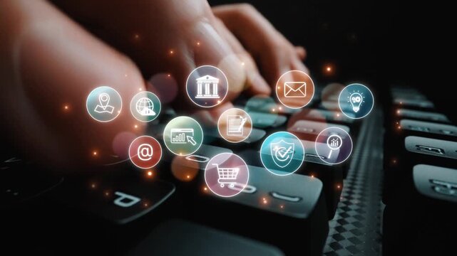 Set of business and digital service icons representing finance, cloud, analytics, email, communication, ecommerce, cybersecurity, and global connectivity in a modern ecosystem Marrow