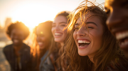 Fototapeta premium Diverse Group of Four Young Friends Laughing Together Outdoors at Golden Hour, Gen Z Friendship Concept.