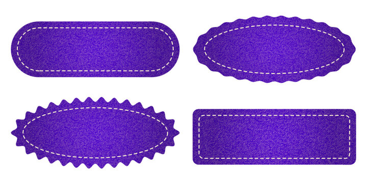 Set of purple denim texture patch shapes with dashed line stitching