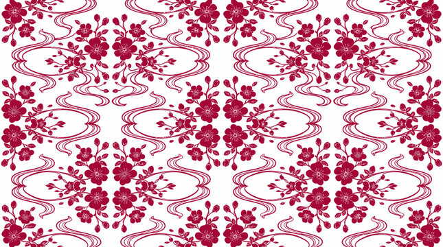 Intricate Red Damask Floral Pattern with Ornate Repeating Motifs Across a Tiled Surface.