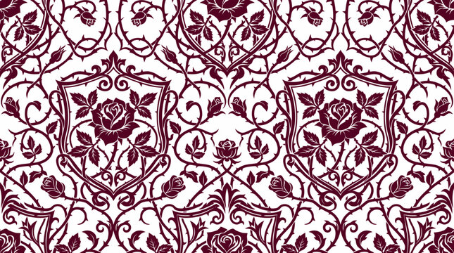 Intricate burgundy damask floral pattern with ornate repeating motifs for textile and graphic design.