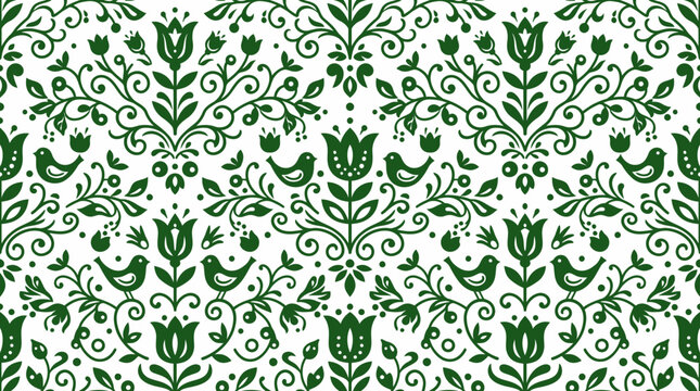 Intricate green botanical seamless pattern with leaves and vines for decorative design.