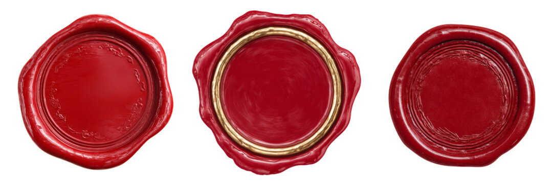 red wax seal, set collection of three seals vintage style design element, isolated on transparent or white background, blank round stamp for letter, png