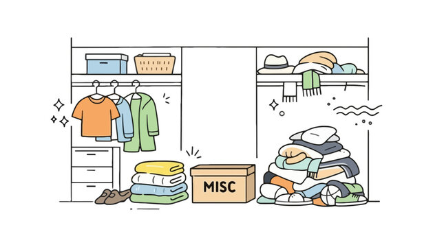 Clothing closet vector illustration with organized and messy sections