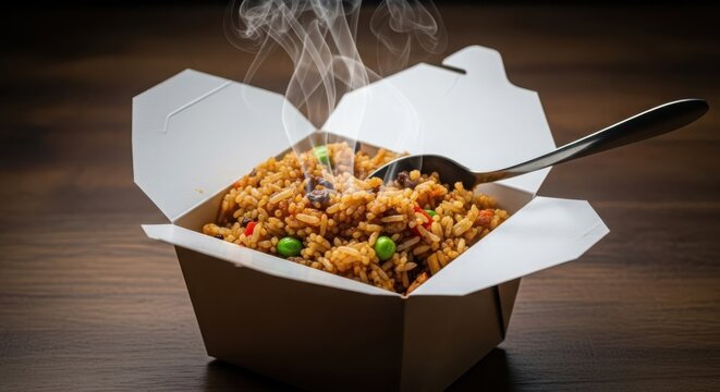 Steaming hot fried rice in a classic takeaway container with a spoon, ready to enjoy delicious Asian cuisine.