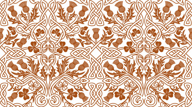Intricate brown damask floral pattern with seamless repeat suitable for textiles and wallpaper design.