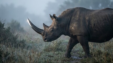 Obraz premium Black rhinoceros with blade horn emerging from mist dramatic wildlife fantasy concept