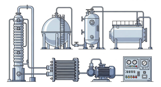 Industrial Process Equipment - Distillation Column, Tanks, Heat Exchanger, Pump, Control Panel.