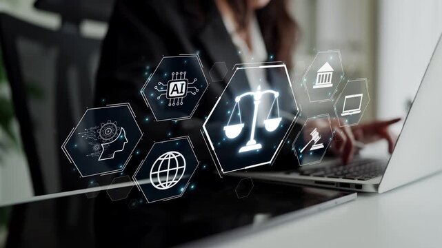 Futuristic digital law interface displaying justice scale, highlighting digital law, AI compliance, digital law systems, and digital law regulations for secure governance. Muxer