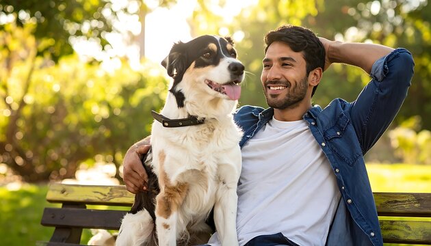 A man and his dog sitting on a park bench