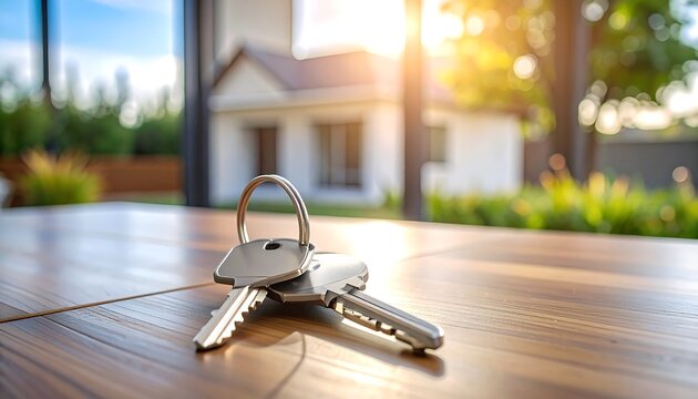 Keys on wooden surface, sunlight background, houses outside. Light, bright, modern, cozy