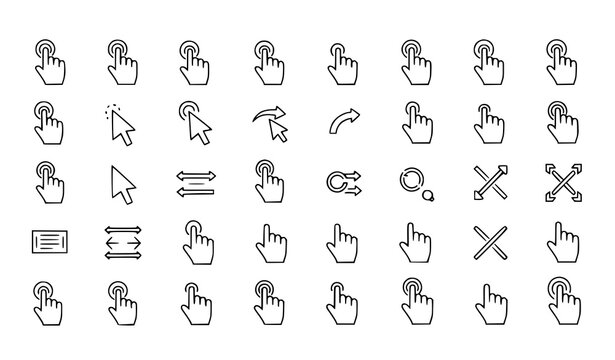 Geometric hand cursor outline icon collection with click drag zoom and interaction symbols vector illustration