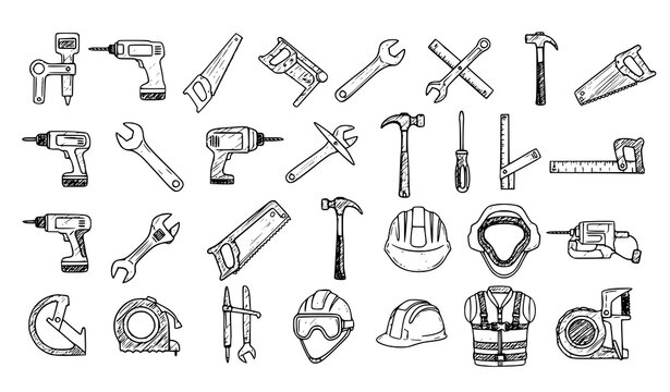 Hand drawn construction tools doodle collection with repair equipment and safety gear sketch vector illustration