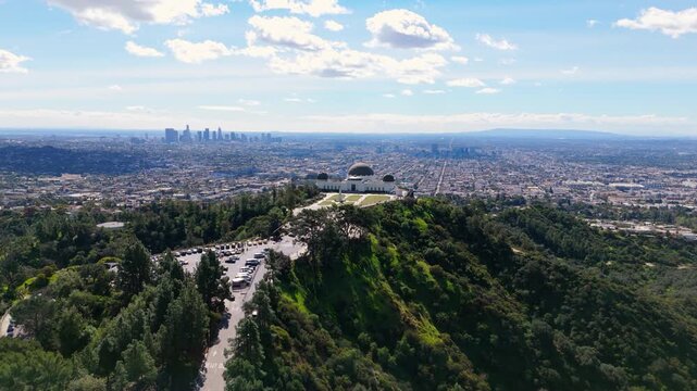 Griffith Observatory aerial panorama with Los Angeles skyline and city view drone shot, February 20, 2026