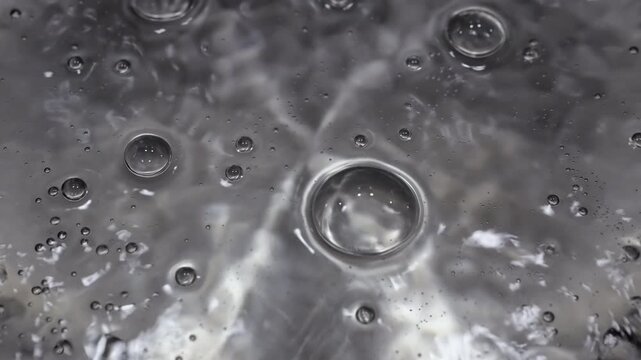 Close up of water boiling texture, water bubbles pattern, air bubbles backdrop in slow motion