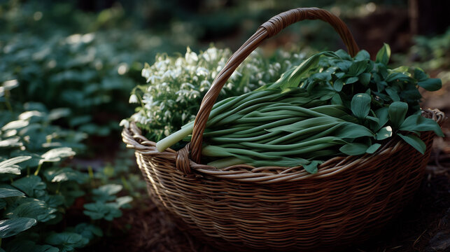 Forager's wicker basket holds wild garlic scapes, wood sorrel, and lamb's quarters gathered for camp pasta dinner, dew-still morning light, temperate forest floor, urban forager transitioning to bac