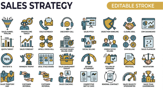 A professional two-tone line icon set featuring 30 sales strategy and business development icons. Includes sales funnel pipeline, prospecting target figure, cold outreach phone envelope, discovery cal
