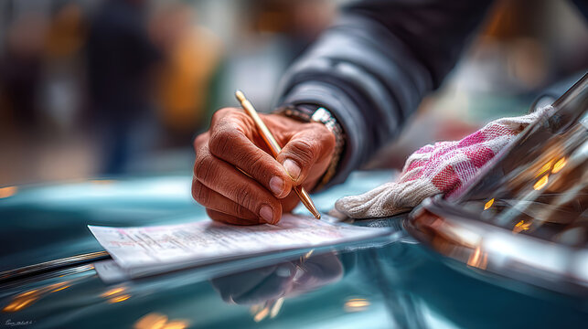 Driver signing international driving permit on car hood during glovebox check for travel safety documentation and preparation background