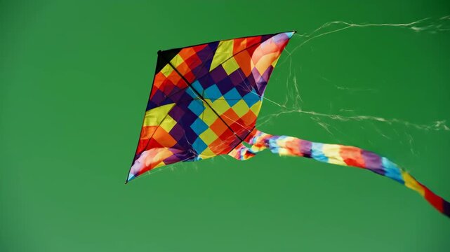Vibrant geometric kite flying against a green background
