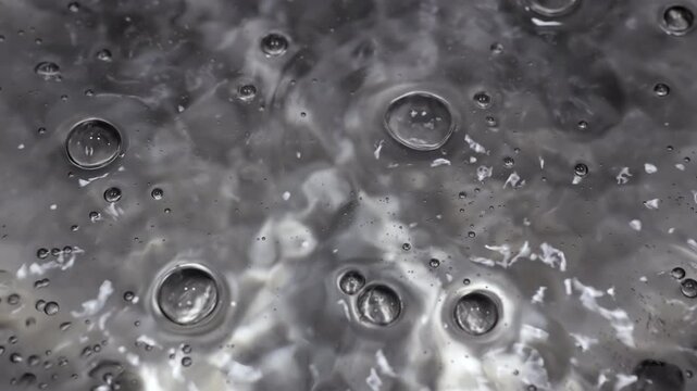 Close up of water boiling texture, water bubbles pattern, air bubbles backdrop in slow motion