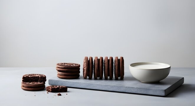 Susunan tegak biskuit cokelat di atas papan batu mangkuk susu komposisi minimalis modern fotografi makanan estetik ruang salin