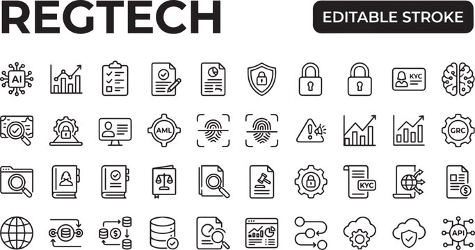  A professional monochrome line icon set featuring 30 RegTech and compliance regulatory technology icons with black outline strokes only. Includes compliance checklist shield, KYC identity verificatio