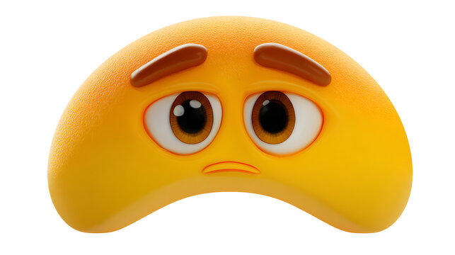 Sad yellow emoji face with curved down eyebrows and frowning mouth on white background expressing sorrow or disappointment