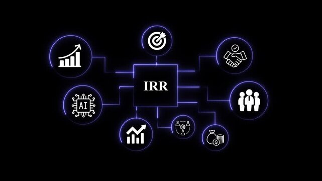 IRR Concept with Neon Glowing Icons and Connected Devices Network Futuristic Animation