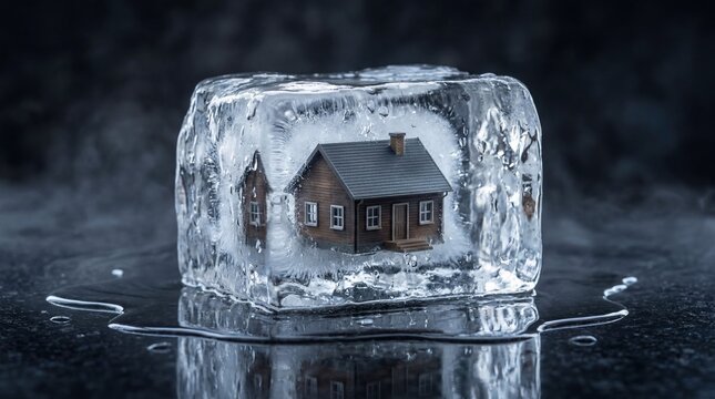 Small house trapped inside melting ice block