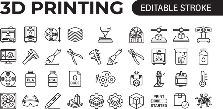  A professional monochrome line icon set featuring 30 3D printing and additive manufacturing icons with black outline strokes only. Includes 3D printer nozzle layer, CAD model design, filament materia