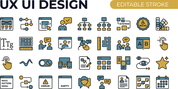 A professional two-tone line icon set featuring 30 UX and UI design icons. Includes wireframe screen layout, user flow arrows diagram, prototype click screen, usability testing figure, information arc