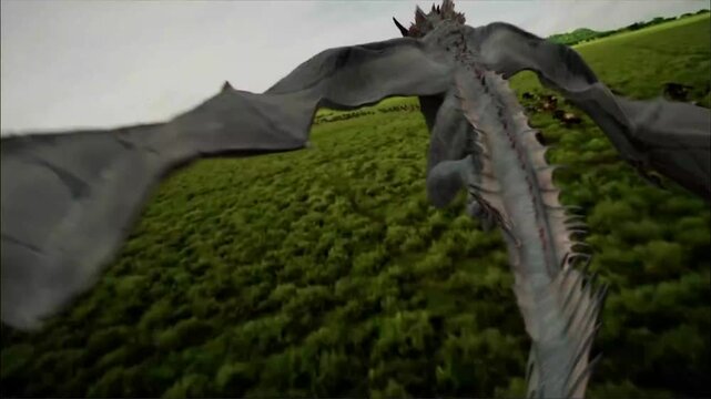 wild wyvern fly over herd of gnu during migration season on green open fields
