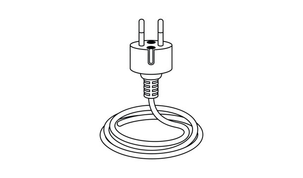 Detailed black and white line drawing of a European style electrical plug with a round cord, isolated on a white background.