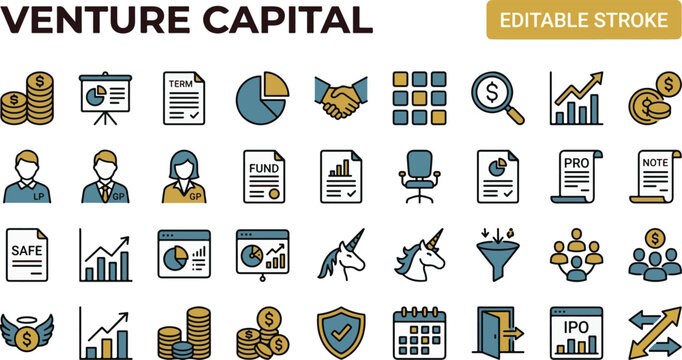 A professional two-tone line icon set featuring 30 venture capital and startup funding icons. Includes VC fund coins stack, pitch deck presentation, term sheet document, cap table pie chart, lead inve