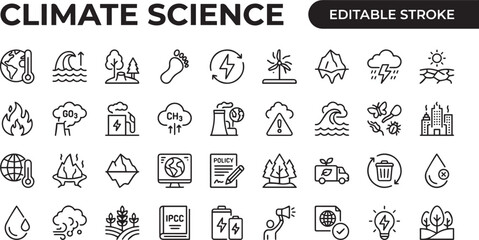 Fototapeta premium A professional monochrome line icon set featuring 30 climate science and global warming icons with black outline strokes only. Includes global temperature rising graph, CO2 molecule emission, carbon c