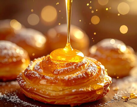 Golden bombolini with honey custard center pouring smoothly, glossy golden filling reflecting light, delicate sugar dusting, warm natural lighting