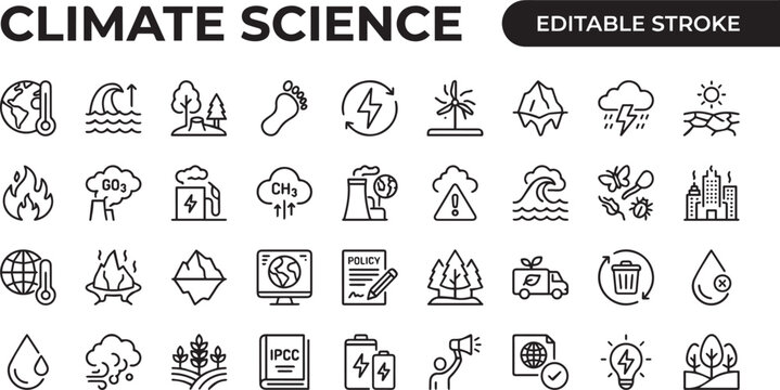 A professional monochrome line icon set featuring 30 climate science and global warming icons with black outline strokes only. Includes global temperature rising graph, CO2 molecule emission, carbon c