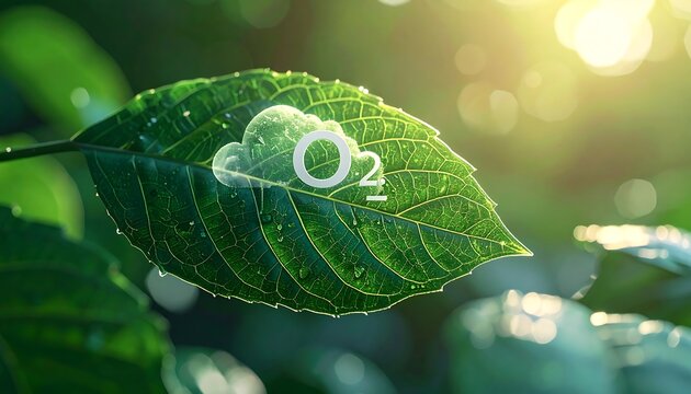 Green leaf with O2 cloud graphic, symbolizing oxygen production with vibrant lighting and blurry background foliage